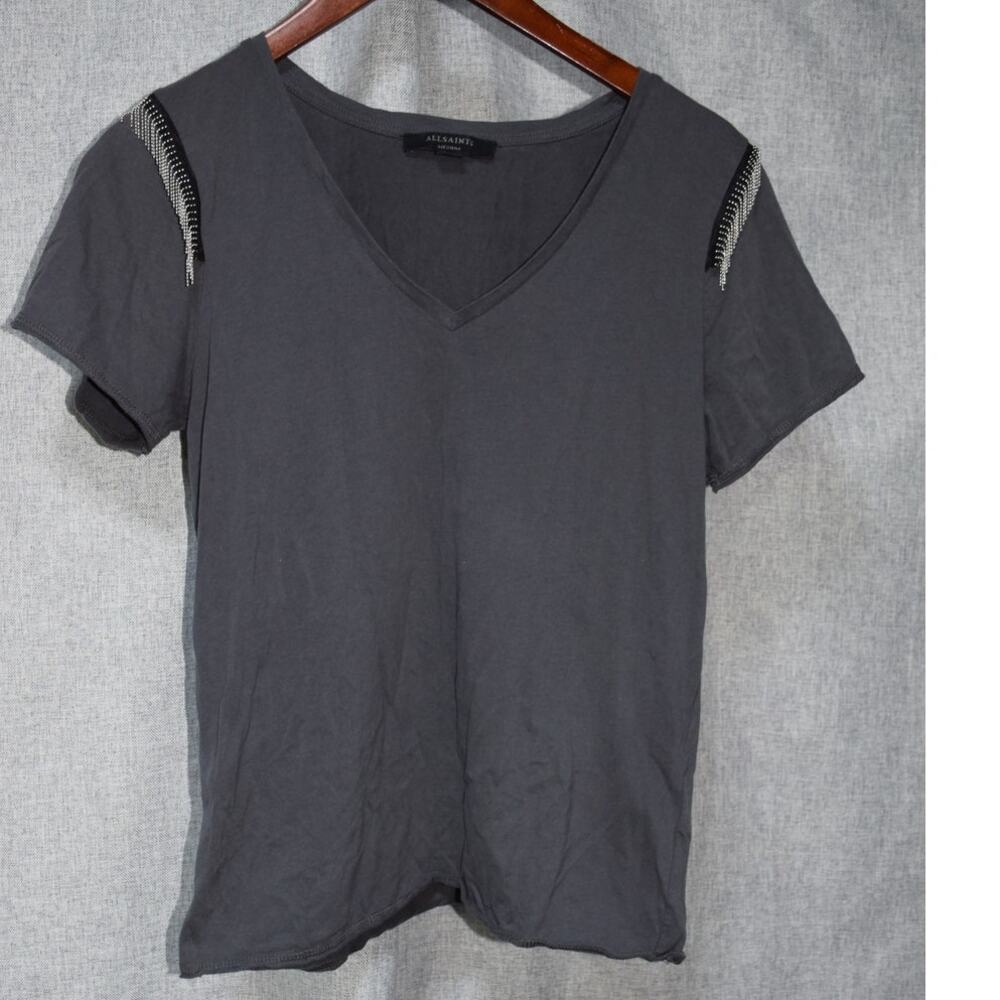 AllSaints Gray V-Neck Embellished Shoulder Tee Top Small